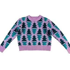 2/$30 Grayson/Threads Christmas Knit Sweater Sz L Pink Green Tree Ski Winter